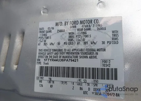 2006 Ford Ranger Sport/Stx/Xlt из США, поврежденный, VIN 1FTYR44U36PA79421